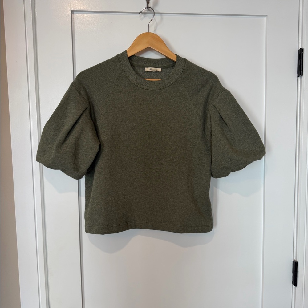 Madewell Puff-Sleeve Crewneck Sweatshirt in Olive - NWT